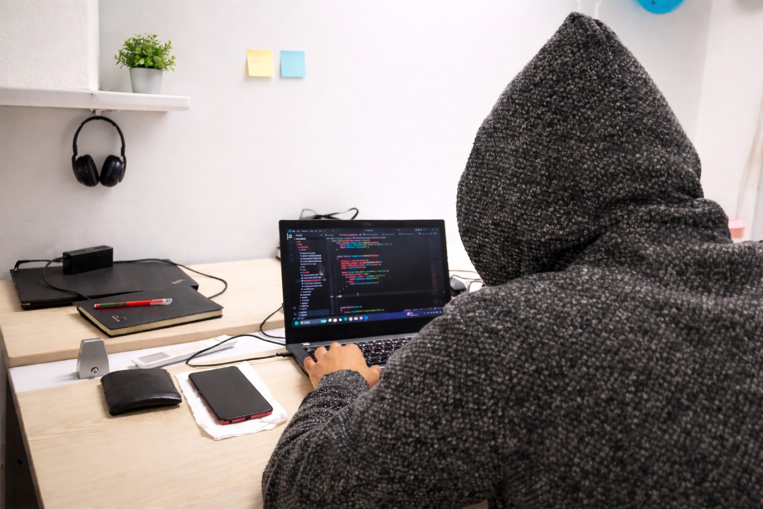 Developer workspace with a laptop displaying backend code.